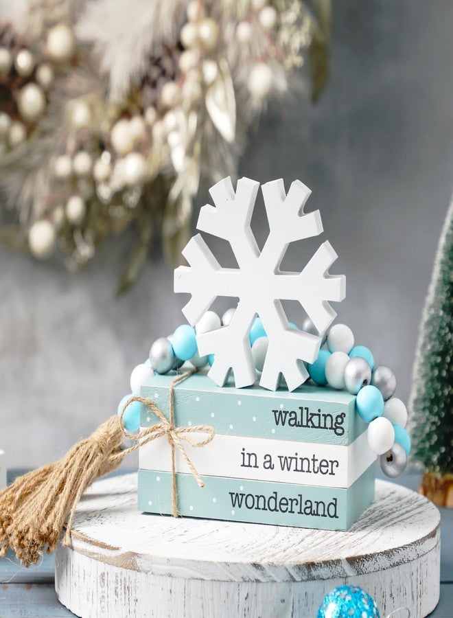 WODOHOLO 5Pcs Winter Wooden Tiered Tray Decor, Wooden Book Stacks Bundle with Snowflake Table Decor, Blue Xmas Rustic Farmhouse Tabletop Centerpieces Home Kitchen Decoration - Image 1